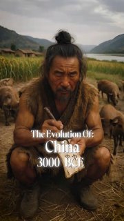 AI-генерированное изображение: древний мужчина у реки с домашними животными; текст 'The Evolution Of China 3000 BCE' подчёркивает историческую реконструкцию.