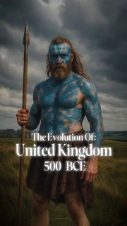 AI-рендер: воин с синей раскраской лица и копьём на фоне пасмурного неба; надпись 'The Evolution Of United Kingdom 500 BCE' указывает на исторический контекст.