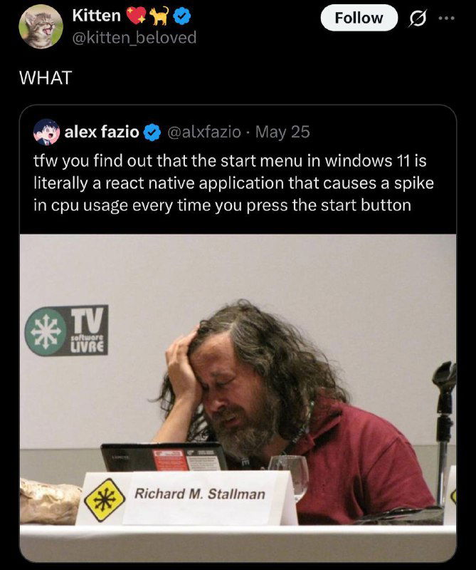 Скриншот твита: показана реакция пользователей, видна вставленная фотография Ричарда Столлмана и текст про меню «Пуск» на React Native.