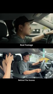 Два кадра: сверху — «реальная» сцена погони с водителем в машине, снизу — behind-the-scenes съёмка с оператором в салоне автомобиля, сравнение реального и сгенерированного материала.