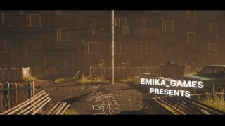 Скриншот из трейлера: заброшенная постсоветская улица 2009 года с припаркованной машиной, ржавым забором и титрами «EMIKA_GAMES PRESENTS», атмосферный кадр.