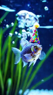 Яркая фотография аквариумной рыбы в праздничном колпачке — декоративное изображение формата вертикального кадра, подходящее для примера 9:16 видео.