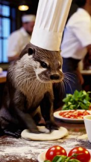 Милый выдра в поварском колпаке готовит пиццу в ресторане — шуточная иллюстрация, возможно демонстрирующая творческие варианты генерации контента.