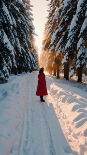 Человек в красном пальто идёт по заснеженной аллее между высокими деревьями — вертикальный зимний пейзаж, подходящий для демонстрации соотношения 9:16.