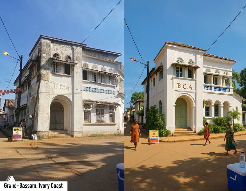 Два варианта одного здания: слева потёртая и повреждённая постройка, справа — отреставрированная версия с чистой отделкой и новыми окнами, демонстрация ИИ.