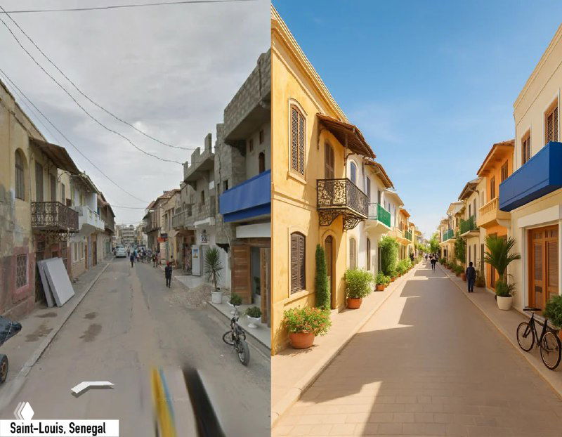 Узкая улица с рядом домов: левое фото — тусклые, повреждённые фасады и мусор, правое — аккуратные, свежепокрашенные фасады после цифровой реставрации нейросети.