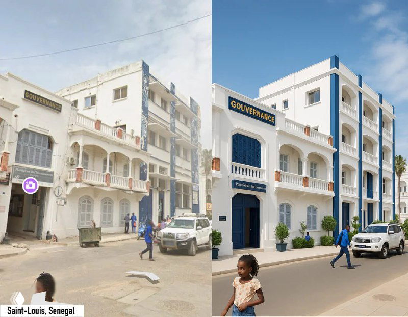 Пара снимков одного квартала: оригинал с потертостями и следами износа и отреставрированная версия с обновлёнными фасадами и чистой тротуарной зоной справа.