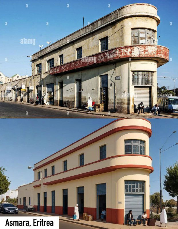 Коллаж: ветхое двухэтажное здание с облупившейся штукатуркой и ржавчиной, рядом — нейросетью восстановленный фасад с плавными формами и свежей краской.