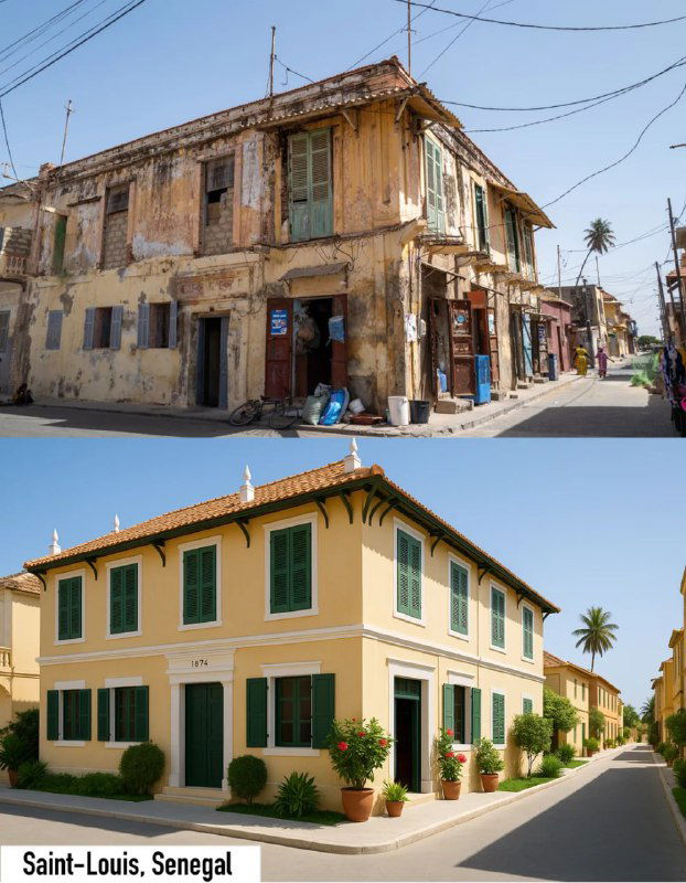 До/после: старый дом с трещинами и грязными окнами и обновлённая версия с аккуратной отделкой, зелёными рамами и ухоженным окружением после реставрации ИИ.