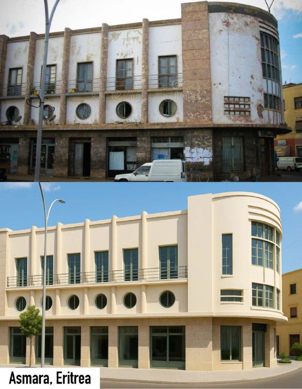 Пара снимков одного здания: левая сторона показывает изношенный фасад с потертостями, правая — цифровая реставрация с ровной поверхностью и обновлённой архитектурной отделкой.