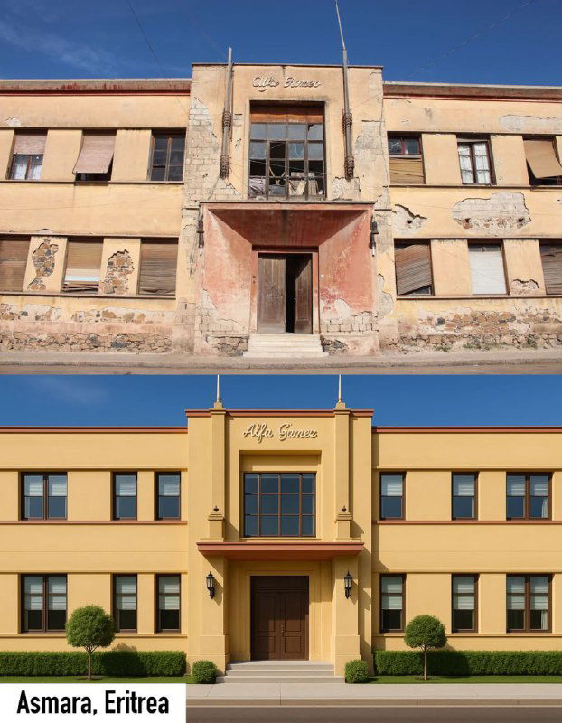 До/после изображения фасада общественного здания: слева облупившийся, правее — аккуратно восстановленный фасад с новой отделкой и окнами, демонстрация возможностей ИИ.