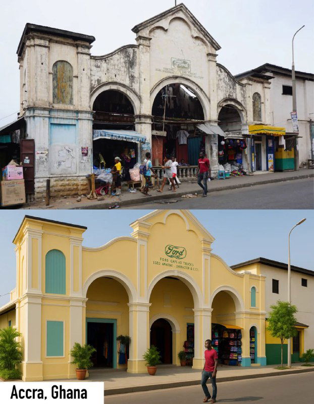 Коллаж магазина/павильона: ветхая фасадная часть с вывесками слева и яркая, отреставрированная версия справа — визуализация работы нейросети над архитектурой.