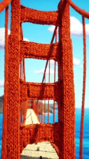 Фантазийный кадр: красный подвесной мост, выполненный в вязально‑текстильном стиле; пример применения необычных художественных стилей при генерации сцен.