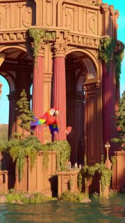 Мультяшная архитектура с колоннами и яркой птицей-попугаем на переднем плане — декоративный кадр с насыщенными цветами, демонстрирующий стильную генерацию сцен.