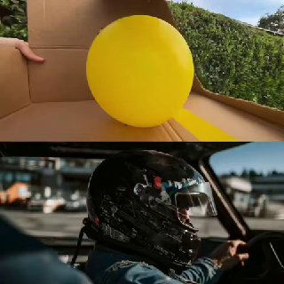 Жёлтый шарик в картонной коробке и кадр водителя в гоночном шлеме за рулём — примеры простых исходных кадров для генерации.