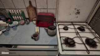 Скриншот из Doomer Simulator: вид на кухонную рабочую поверхность и плиту с подгоревшими конфорками, атмосфера запущенности и быта.