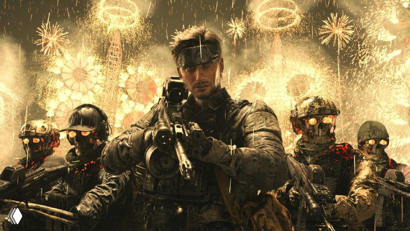 Военно-тематический промо-арт: персонаж в тактической экипировке с винтовкой и золотыми ореолами на фоне вооружённых фигур — динамичная боевая сцена.