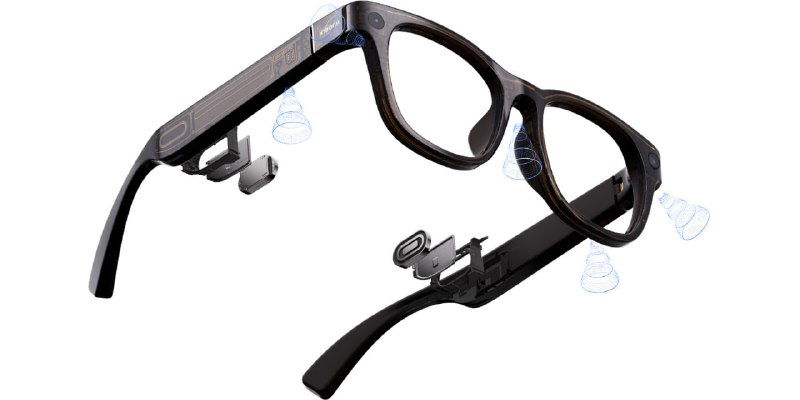 Рендер и крупный план очков AI Glasses: пластиковая оправа с модулем камеры, мини‑динамиками и элементами костной проводимости на дужке.