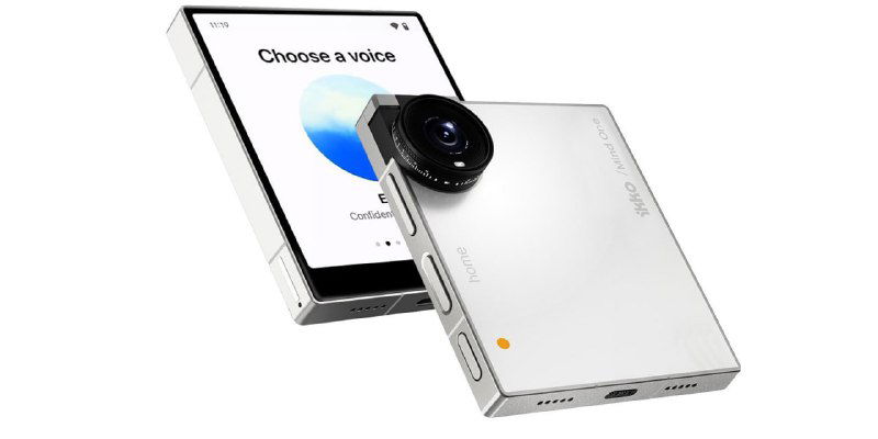 Белый iKKO Mind One крупным планом под углом; видна крупная круглая моторизованная камера на квадратном корпусе и тонкий профиль устройства.