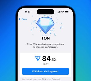 Скрин экрана Telegram с платёжной панелью TON: значок алмаза, баланс в TON и кнопка вывода средств на синем фоне интерфейса приложения.