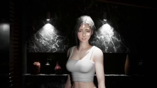 3D-рендер женского персонажа в майке, реалистичная виртуальная девушка на фоне тёмного интерьера; промо-иллюстрация игры с ИИ-персонажем