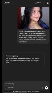 Скриншот интерфейса ChatGPT на смартфоне с текстом о создании персональных стикеров и превью изображения пользователя в чате.