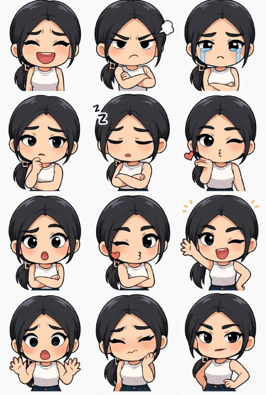 Коллаж из двенадцати чиби-стикеров в сетке 4×4: разные выражения лица — смеется, злится, плачет, подмигивает и другие вариации.
