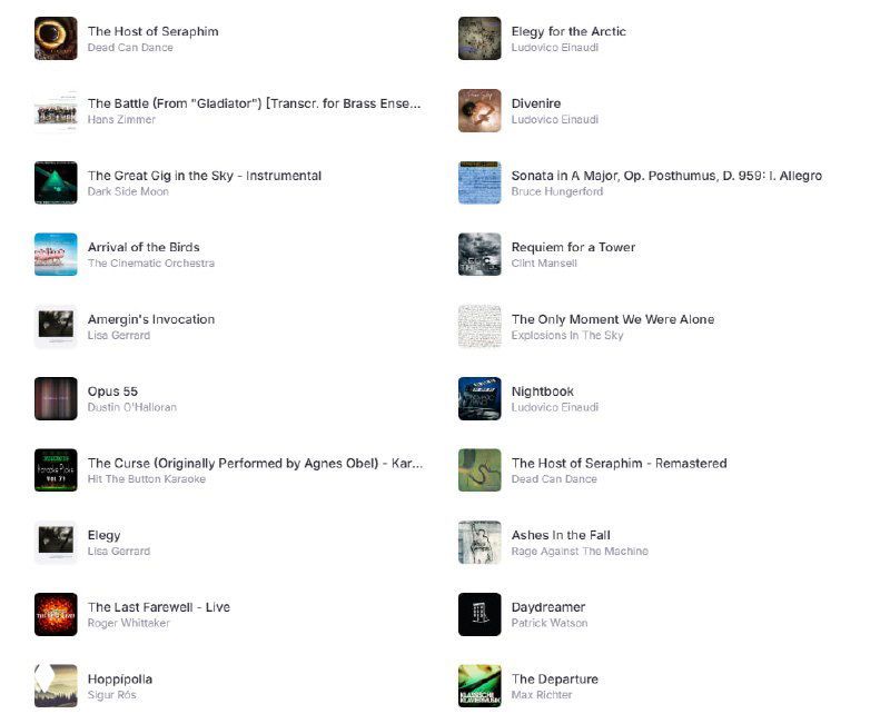 Скриншот списка предложенных треков в Booktun: набор музыкальных треков с миниатюрами и названиями, формирующих плейлист под книгу.