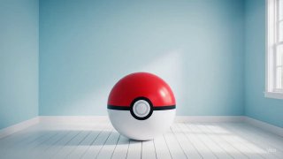 Крупный покебол (Poké Ball) в светлой комнате с голубыми стенами и окном: минималистичный товарный кадр с мягким освещением.