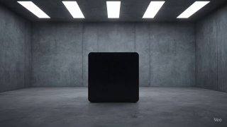 Темный куб в бетонной комнате с верхним освещением: монохромная стилизация, минималистичный объект в центре пустого помещения.