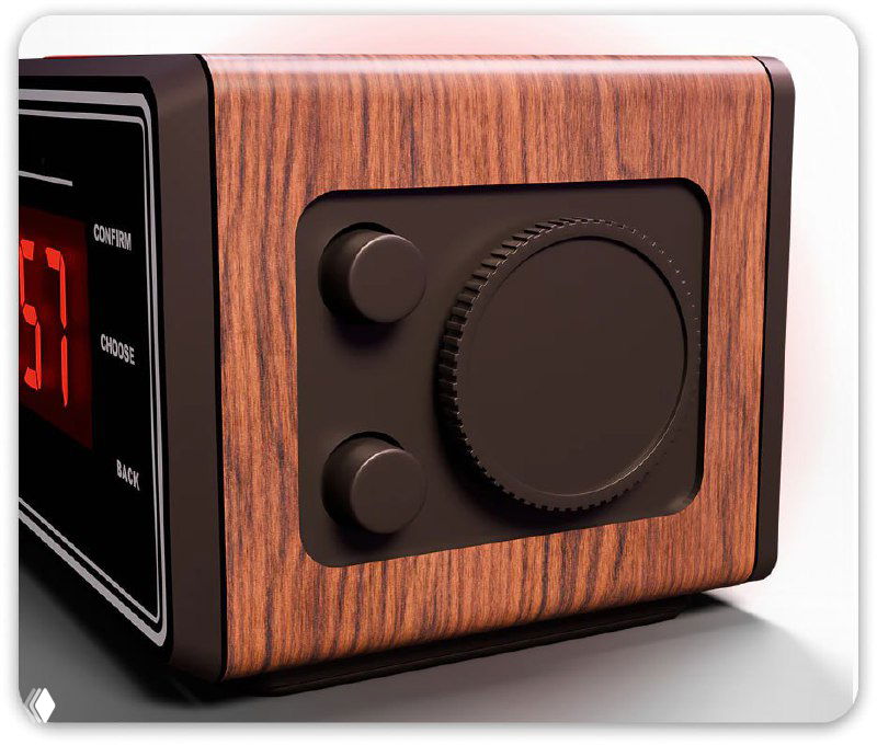 Боковой ракурс устройства Death Clock с имитацией деревянной отделки корпуса и крупным круговым регулятором/колёсиком управления на боковой панели.