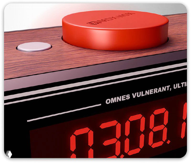 Крупный план верхней панели: крупная красная круглая кнопка и фрагмент цифрового дисплея с частью числа, подчёркивающий элементы управления устройства.