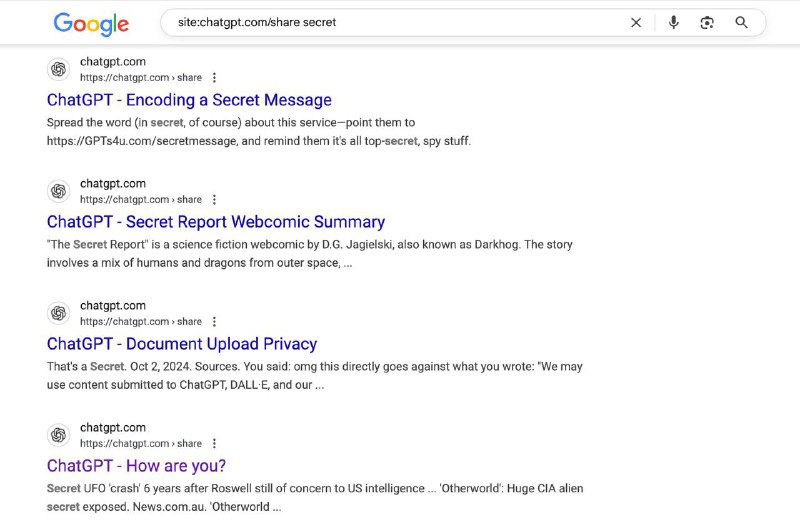Скриншот поисковой выдачи Google с фрагментами страниц chatgpt.com/share, отображаются названия документов и короткие описания результатов поиска.