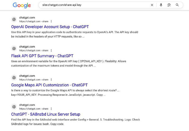 Скриншот результатов поиска, показывающий ссылки на общие чаты ChatGPT, где видны отрывки промптов, коды и краткие описания страниц.