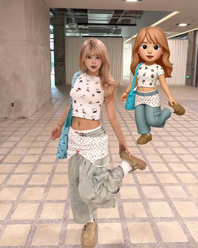 Девушка в светлой одежде и сумкой, в фойе торгового центра, рядом стоит яркий мультяшный 3D‑клонированный персонаж в стиле Memoji.