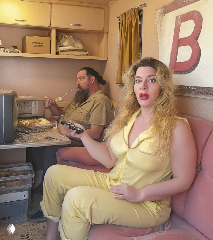 Женщина в жёлтом костюме сидит в вагончике рядом с мужчиной; снимок стилизован и похож на ИИ‑созданный контент, используемый для привлечения внимания.