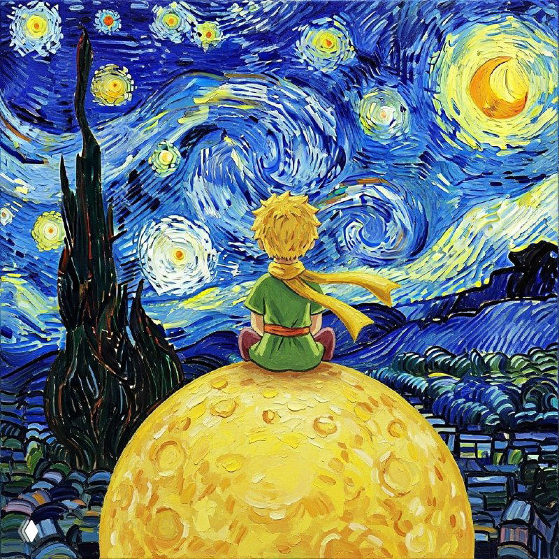 Художественная иллюстрация в манере Ван Гога: персонаж Маленького Принца сидит на желтом шаре на фоне закрученного ночного неба, яркая палитра и текстура.