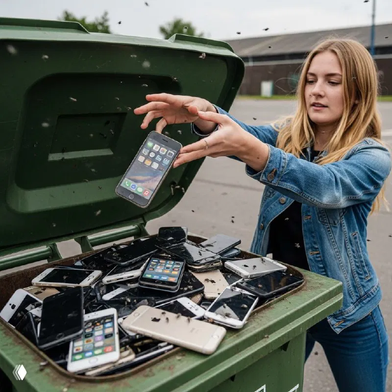 Женщина бросает смартфоны в мусорный контейнер на открытой площадке — концептуальное сгенерированное изображение о утилизации техники и цифровом потреблении.