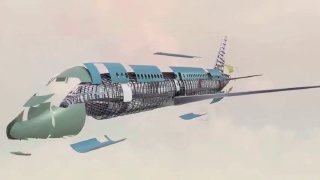 Прозрачная 3D-визуализация самолёта в разрезе: фюзеляж, внутренние системы и конструктивные слои видны для изучения устройства.