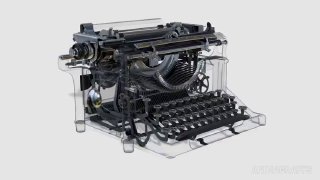 Прозрачный 3D-рендер старинной пишущей машинки с видимыми механизмами, рычагами и внутренними деталями крупным планом.