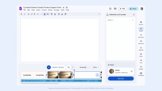 Скриншот интерфейса Google Vids: окно редактора с превью, таймлайном, панелью управления и миниатюрами кадров.