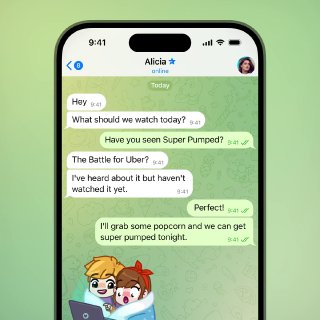 Экран смартфона с окном чата Telegram в зелёной теме, показывающий обновлённый анимированный дизайн профиля на Android и визуальные элементы интерфейса.