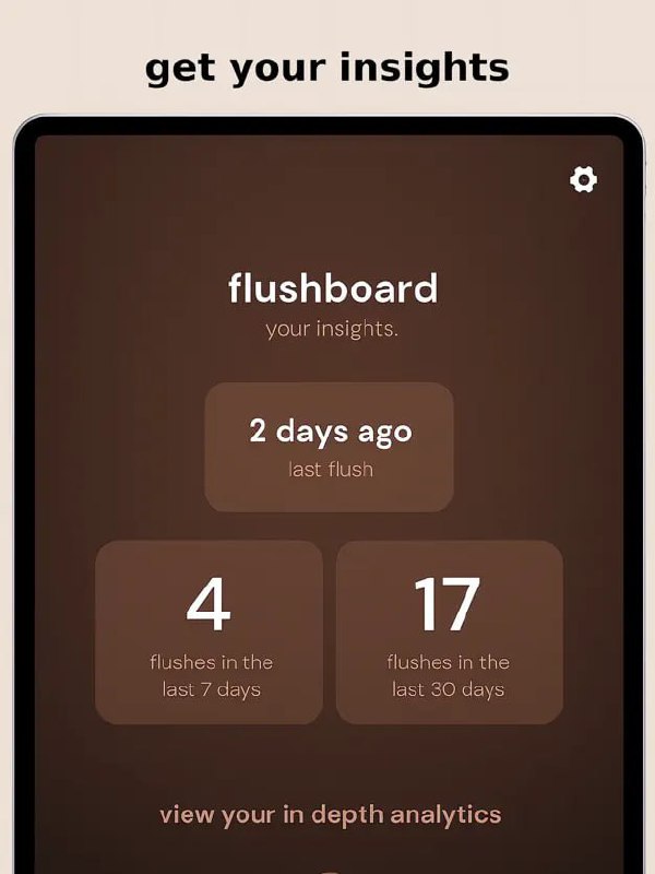 Панель «flushboard» в приложении Flush: показана статистика — 4 похода в туалет за 7 дней и 17 за 30 дней, блоки с краткой аналитикой.