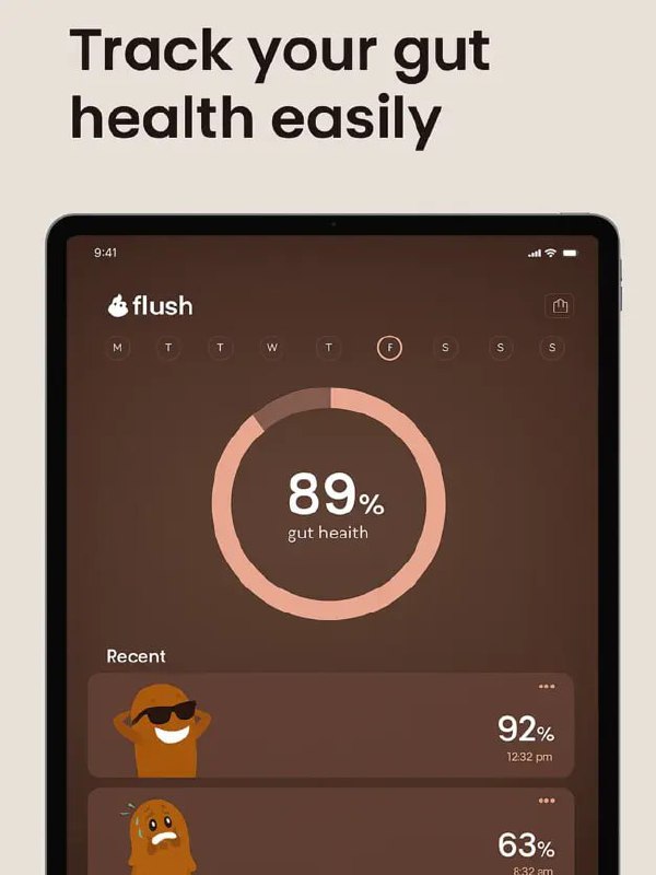Интерфейс Flush с круговой диаграммой «gut health» 89%: отображение прогресса, недавних оценок и визуальных элементов приложения.