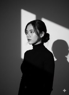 Черно-белый портрет молодой женщины в чёрной водолазке с корейским пучком, драматическое боковое студийное освещение и чёткие геометрические тени.