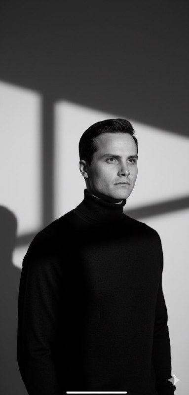 Черно-белый портрет мужчины в чёрной водолазке с аккуратно причёсанными волосами, драматическое боковое студийное освещение и минималистичный фон.