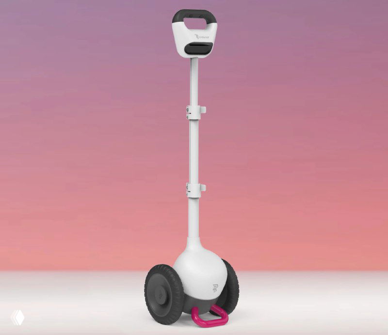 Полный вид самой ИИ‑трости Glidance на белом фоне: вертикальная штанга, колесный модуль у основания и складной элемент для поддержки при движении
