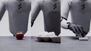 Серия кадров Figure 03, показывающая точность захвата: поднесённое яблоко, лоток с яйцами и удержание скрепки, иллюстрация чувствительности пальцев-датчиков.