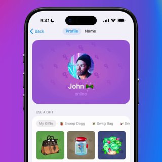 Экран профиля пользователя с панелью подарков и иконками подарков в Telegram; показаны улучшенный интерфейс подарков и новые цвета профилей в обновлении.