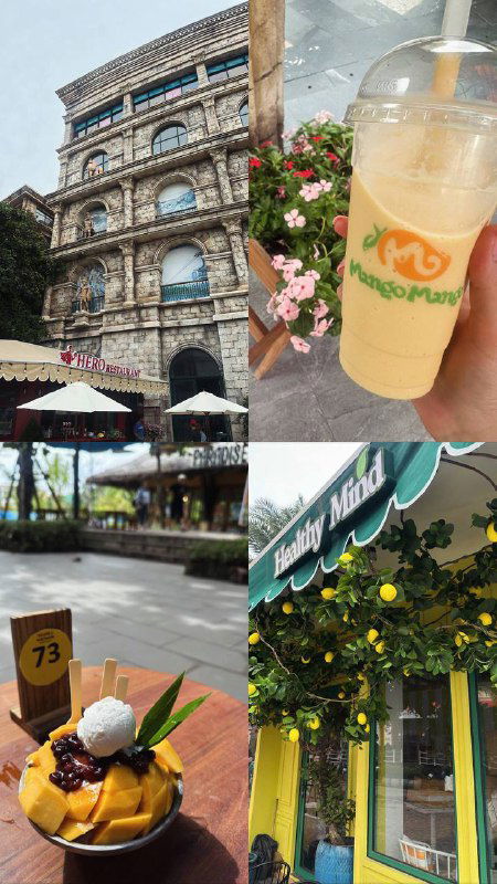 Коллаж из снимков: кафе, десерт и фирменный напиток на фоне цветных фасадов — гастрономические и городские зарисовки.